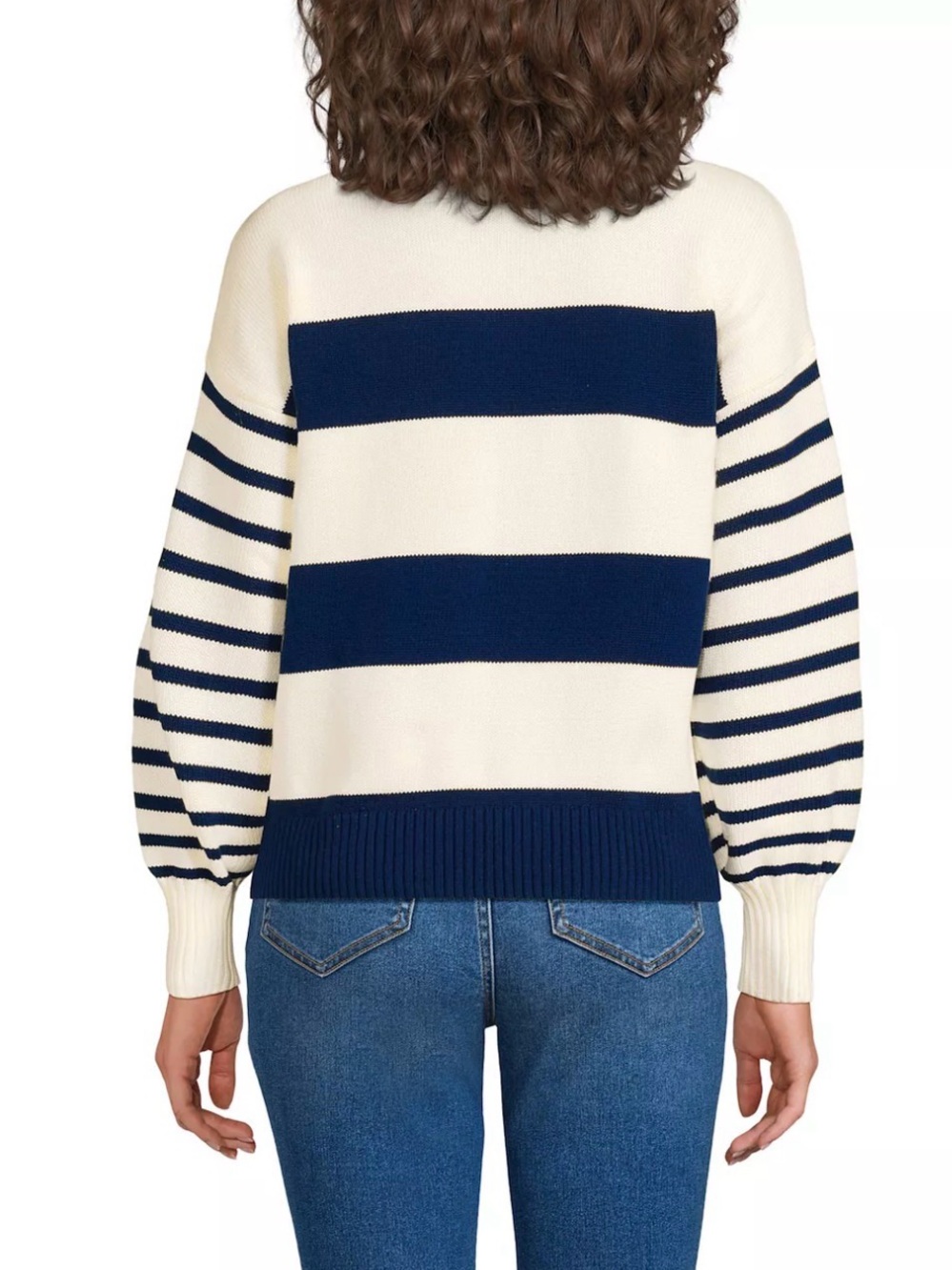 Lands' End Navy and Cream Striped Crewneck Sweater - Picture 2 of 5